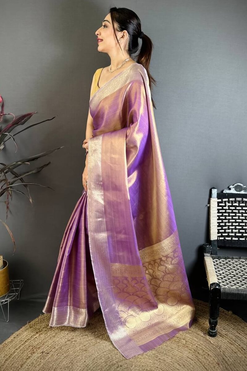 Elaborate Lavender Banarasi Tissue Silk Saree With Denouement Blouse Piece