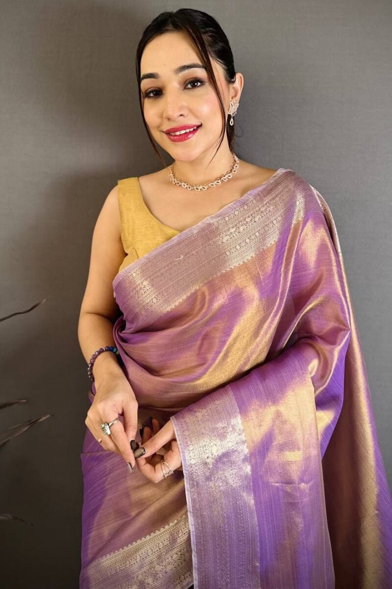 Elaborate Lavender Banarasi Tissue Silk Saree With Denouement Blouse Piece