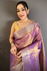 Elaborate Lavender Banarasi Tissue Silk Saree With Denouement Blouse Piece