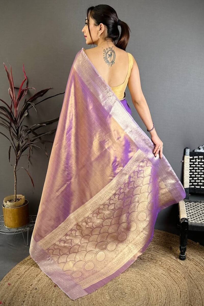 Elaborate Lavender Banarasi Tissue Silk Saree With Denouement Blouse Piece