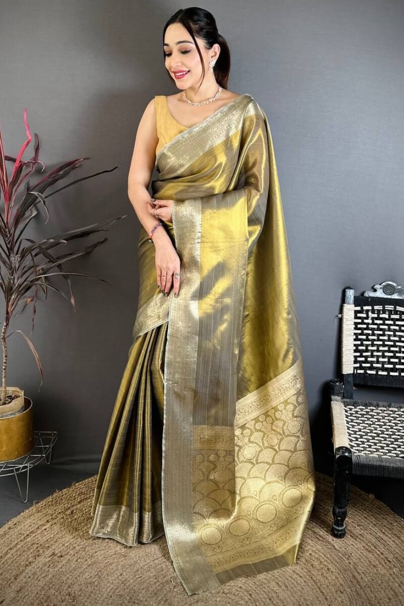 Ebullience Mehndi Banarasi Tissue Silk Saree With Pleasurable Blouse Piece