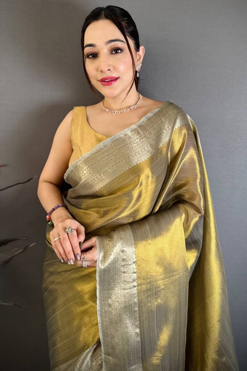 Ebullience Mehndi Banarasi Tissue Silk Saree With Pleasurable Blouse Piece