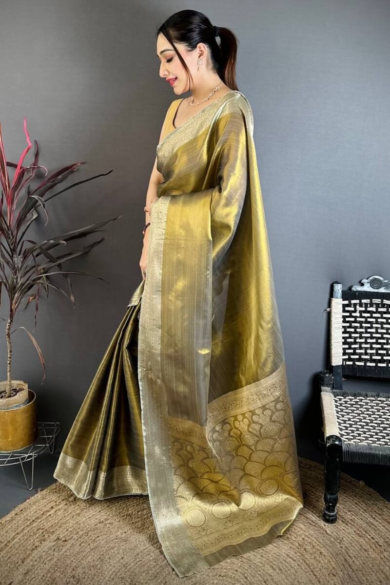 Ebullience Mehndi Banarasi Tissue Silk Saree With Pleasurable Blouse Piece