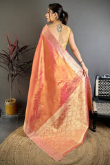 Stunning Peach Banarasi Tissue Silk Saree With Palimpsest Blouse Piece
