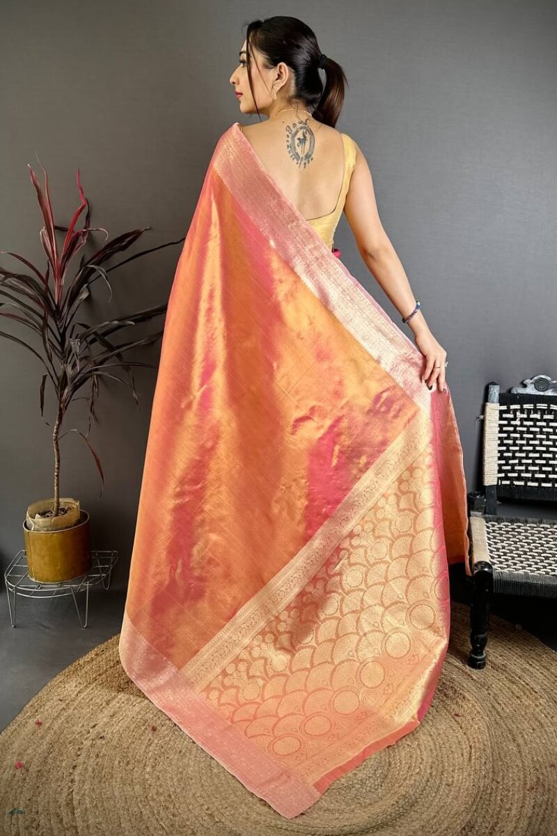 Stunning Peach Banarasi Tissue Silk Saree With Palimpsest Blouse Piece