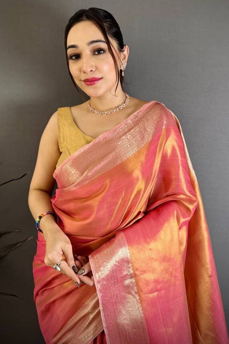 Stunning Peach Banarasi Tissue Silk Saree With Palimpsest Blouse Piece