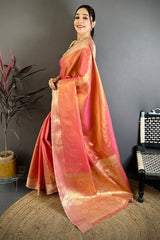 Stunning Peach Banarasi Tissue Silk Saree With Palimpsest Blouse Piece
