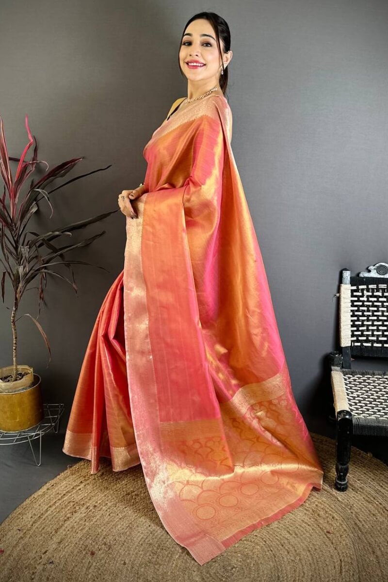 Stunning Peach Banarasi Tissue Silk Saree With Palimpsest Blouse Piece