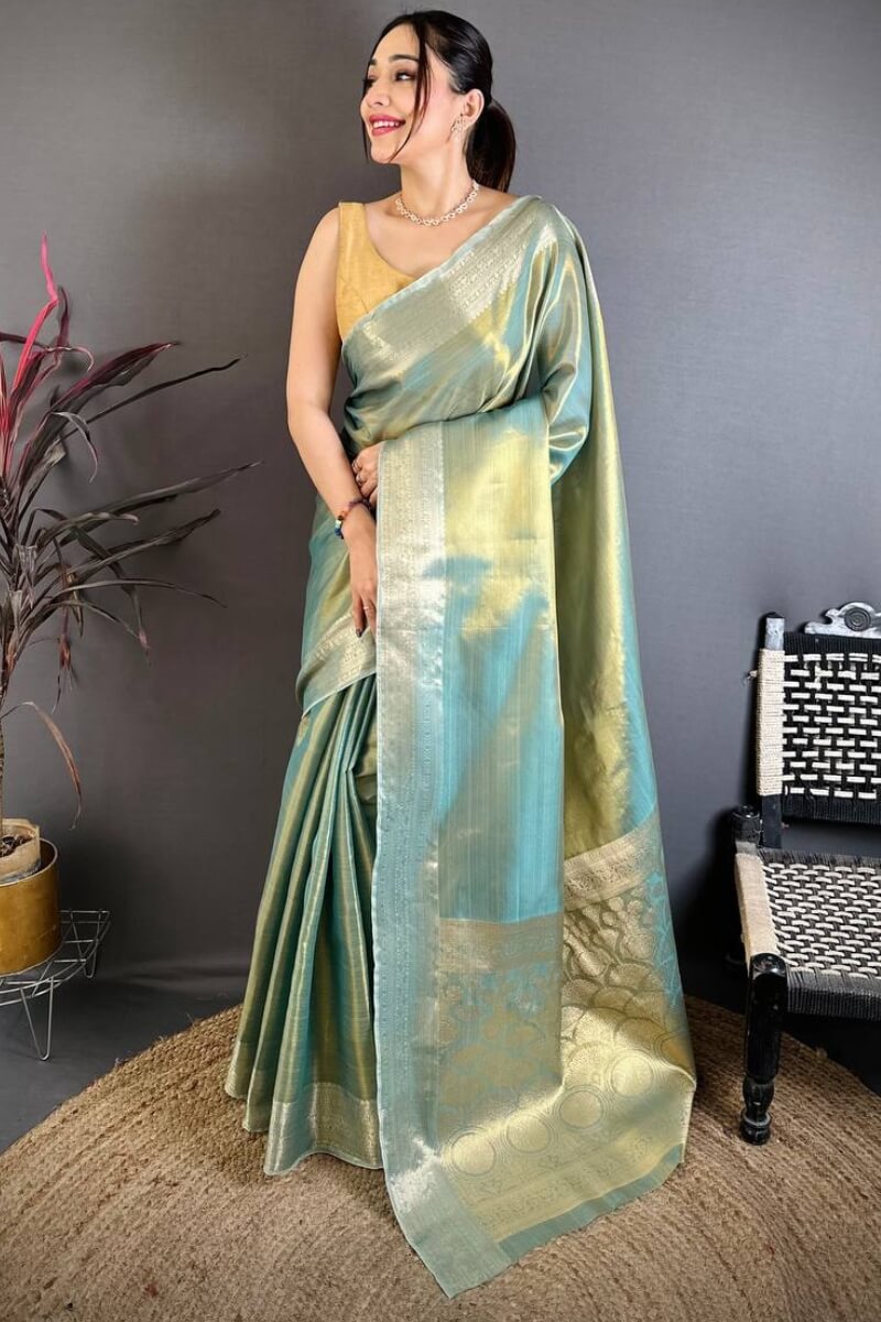 Effulgent Sky Banarasi Tissue Silk Saree With Unequalled Blouse Piece