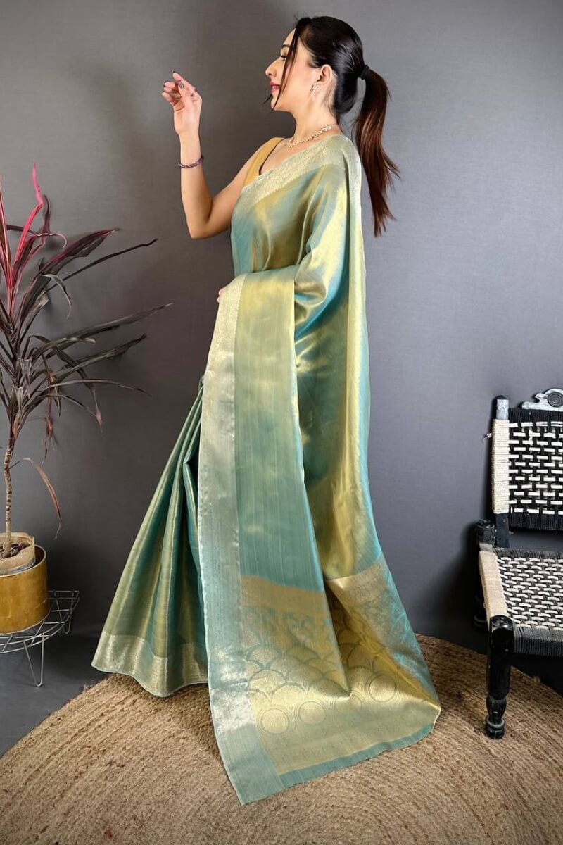 Effulgent Sky Banarasi Tissue Silk Saree With Unequalled Blouse Piece