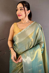 Effulgent Sky Banarasi Tissue Silk Saree With Unequalled Blouse Piece