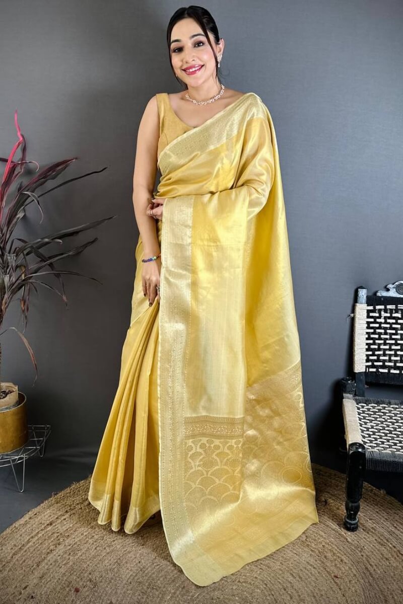 Allure Yellow Banarasi Tissue Silk Saree With Classic Blouse Piece