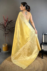 Allure Yellow Banarasi Tissue Silk Saree With Classic Blouse Piece