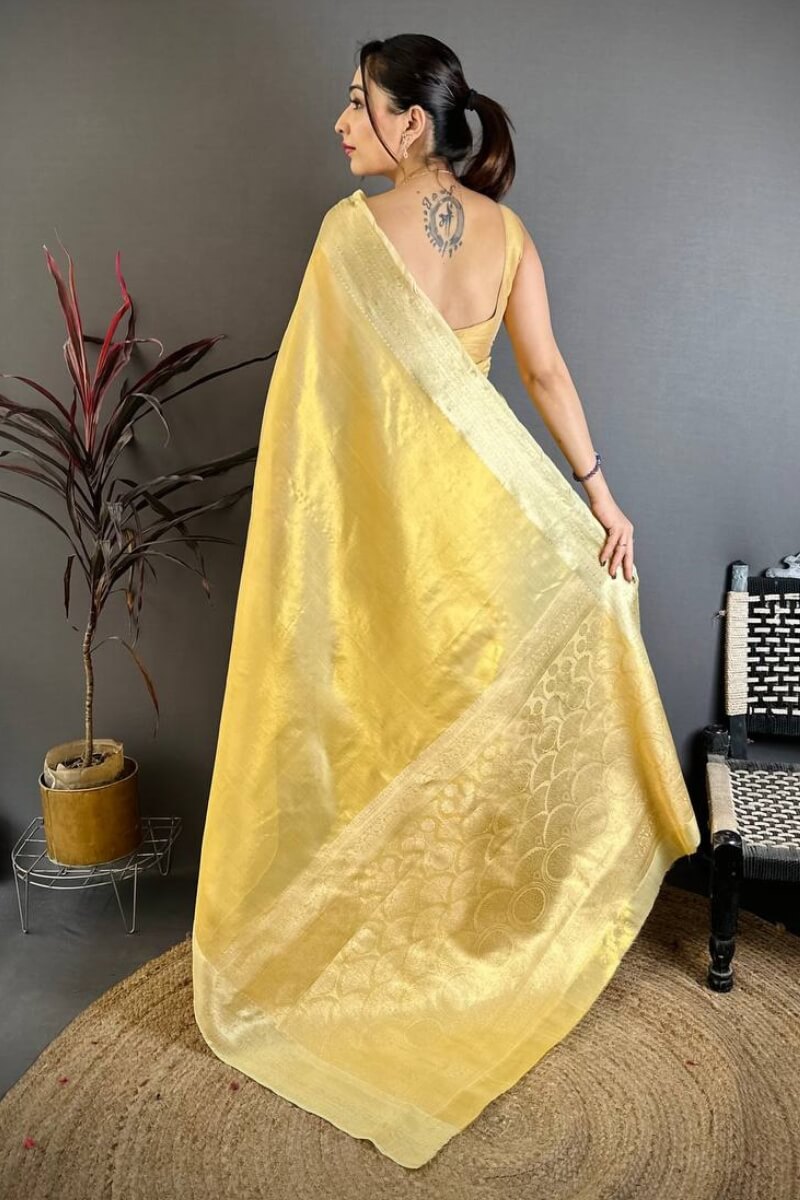 Allure Yellow Banarasi Tissue Silk Saree With Classic Blouse Piece