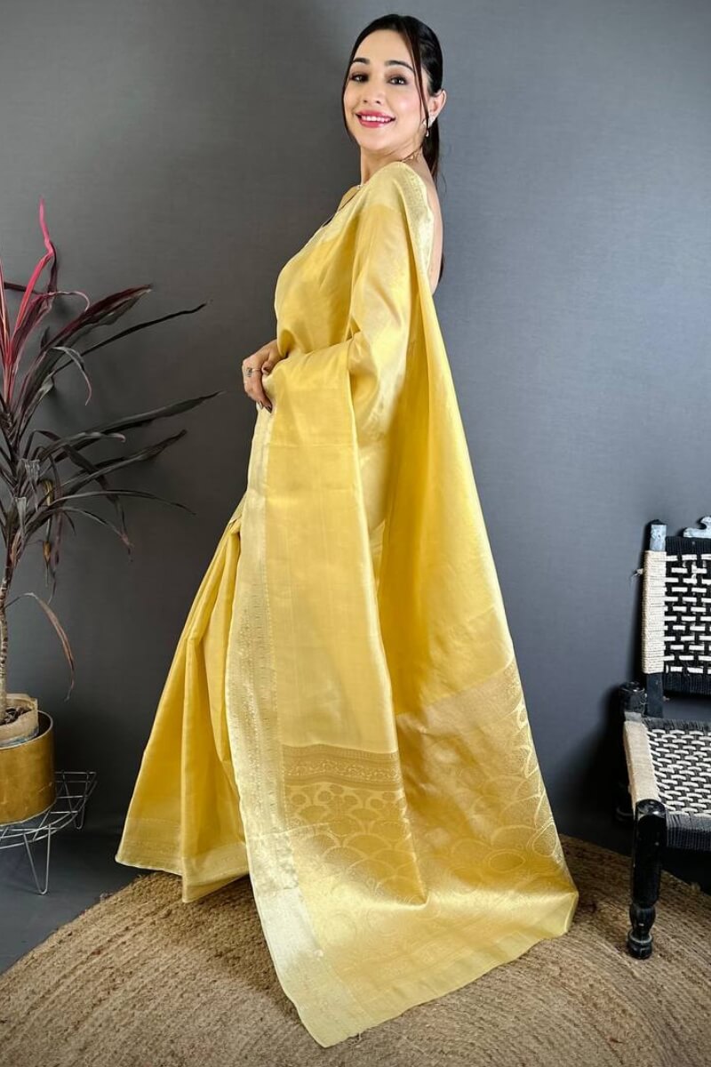 Allure Yellow Banarasi Tissue Silk Saree With Classic Blouse Piece