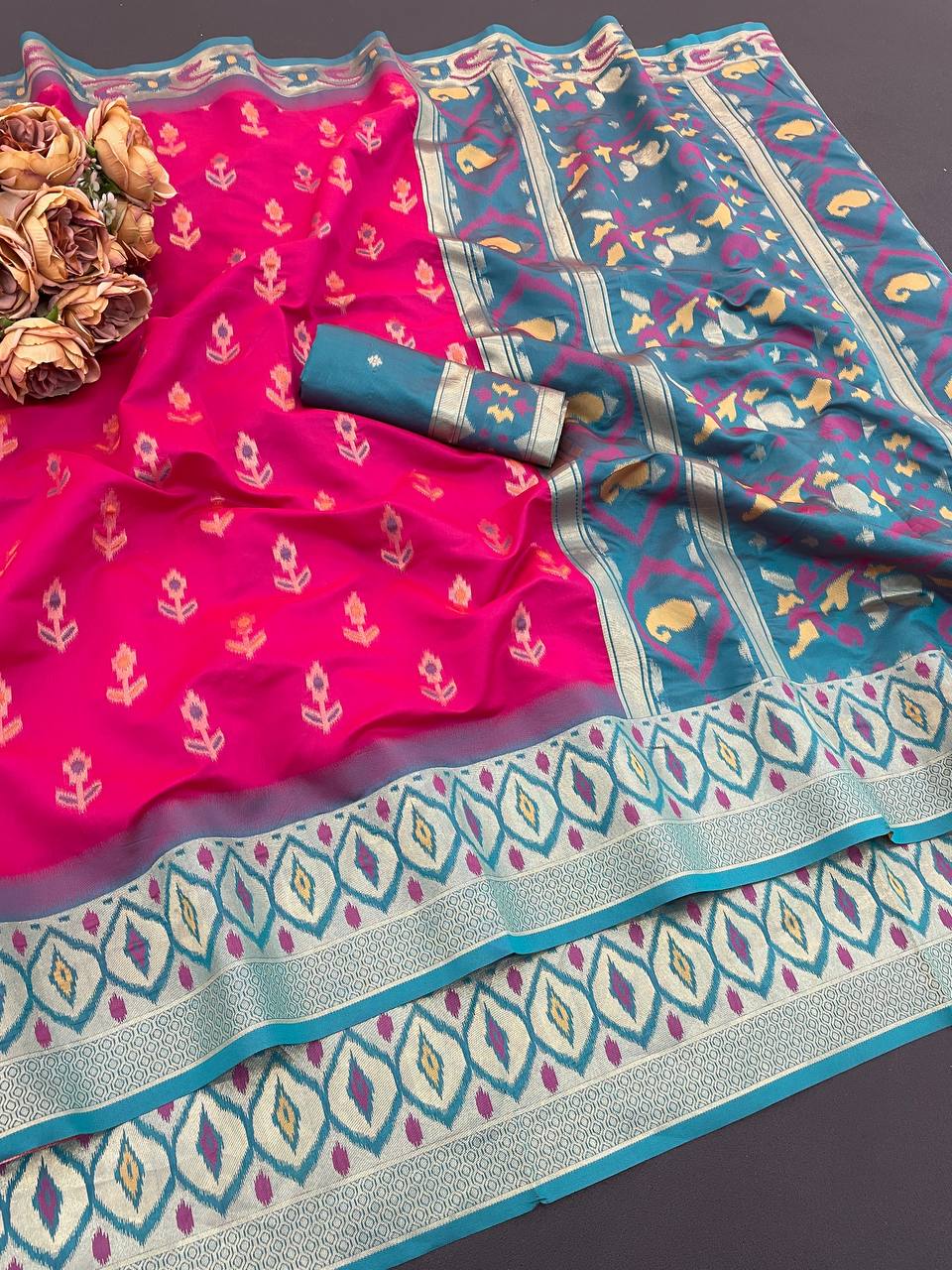 Exquisite Dark Pink Banarasi Ikkat Silk Saree With Demanding Blouse Piece