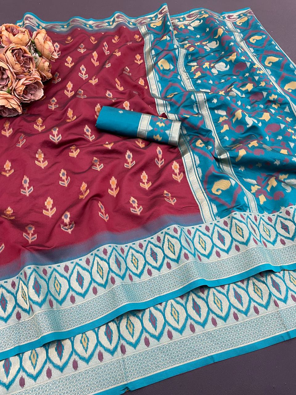 Glamorous Maroon Banarasi Ikkat Silk Saree With Epiphany Blouse Piece