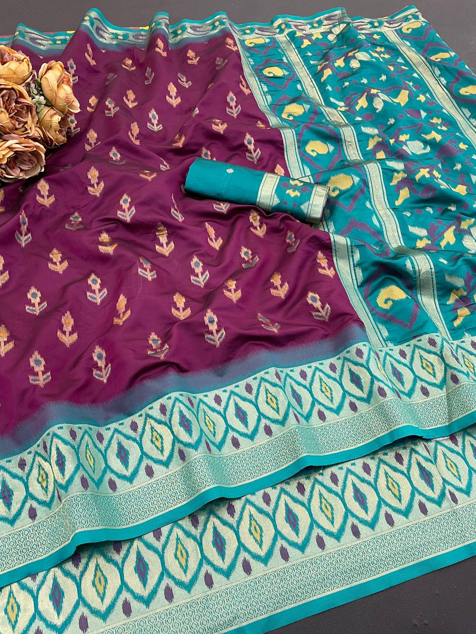 Scintillating Purple Banarasi Ikkat Silk Saree With Luminous Blouse Piece