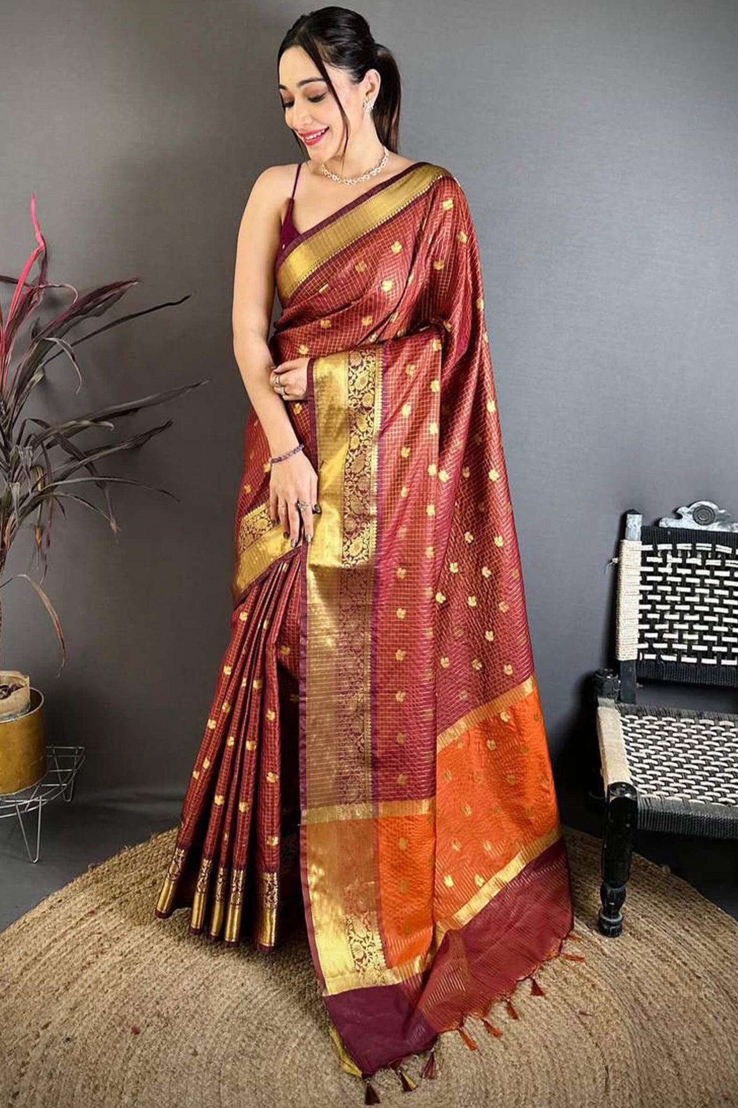 Prettiest Brown Banarasi Tissue Silk Saree With Verdant Blouse Piece