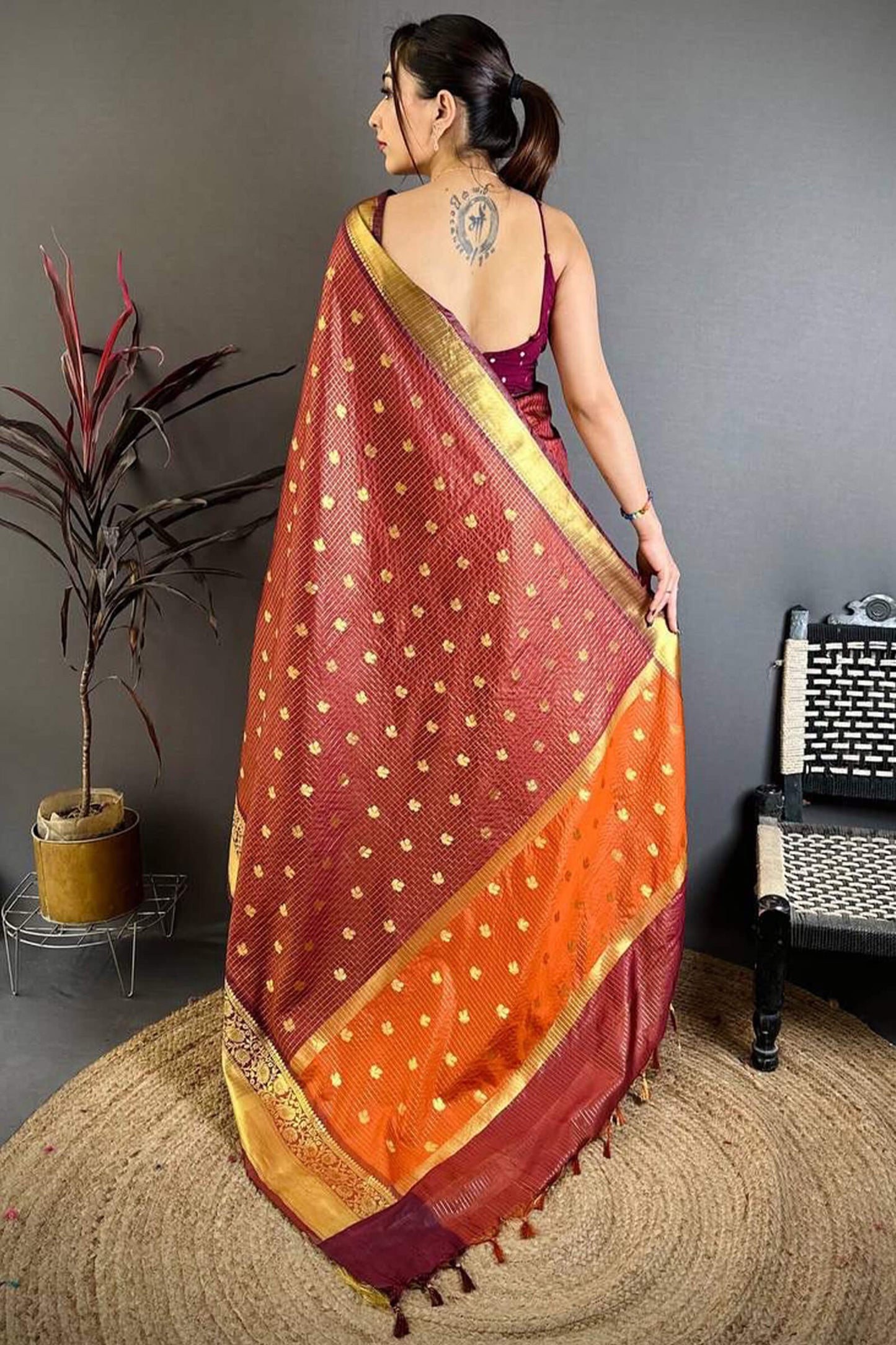 Prettiest Brown Banarasi Tissue Silk Saree With Verdant Blouse Piece