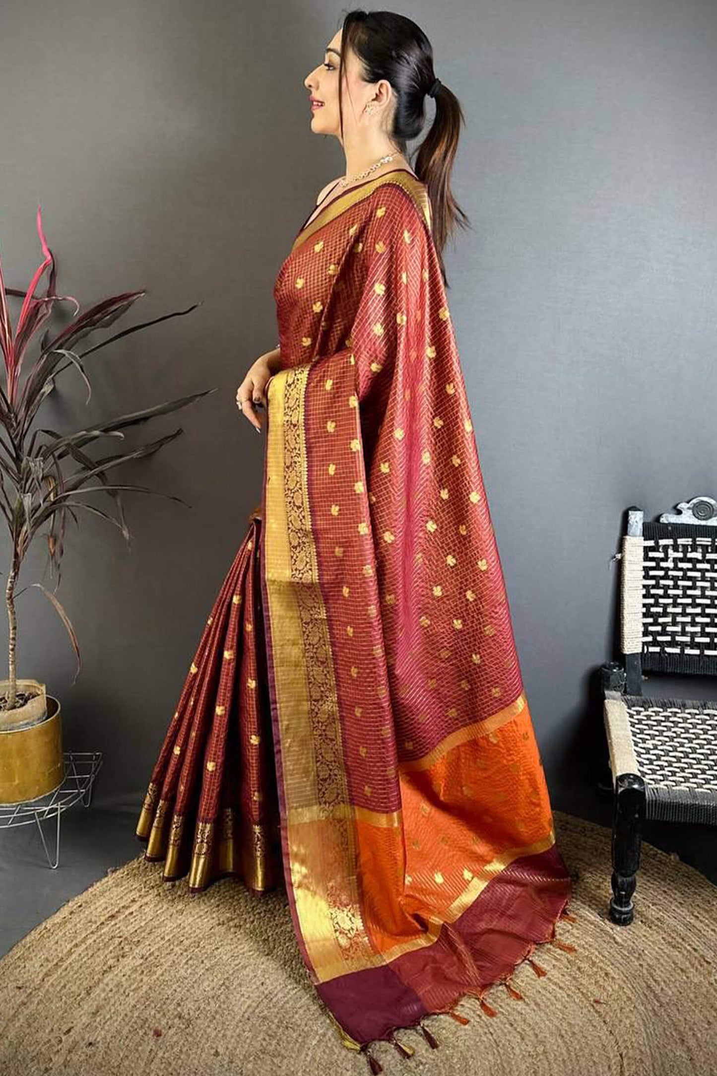 Prettiest Brown Banarasi Tissue Silk Saree With Verdant Blouse Piece