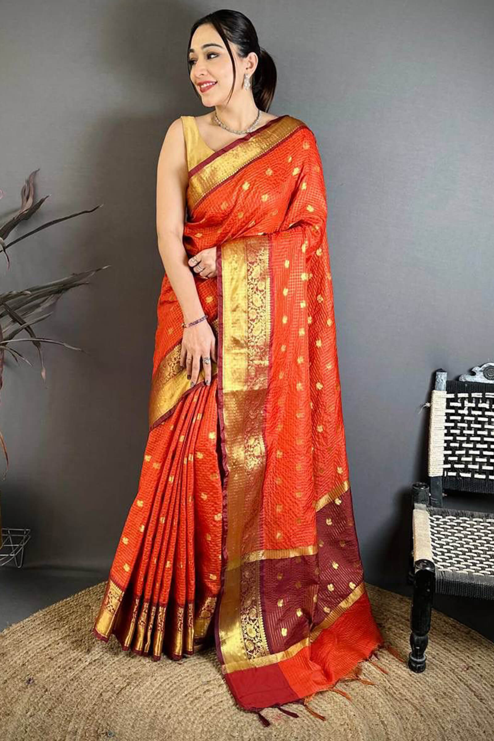 Nebula Dark Orange Banarasi Tissue Silk Saree With Splendorous Blouse Piece