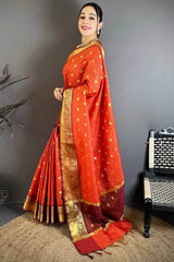 Nebula Dark Orange Banarasi Tissue Silk Saree With Splendorous Blouse Piece