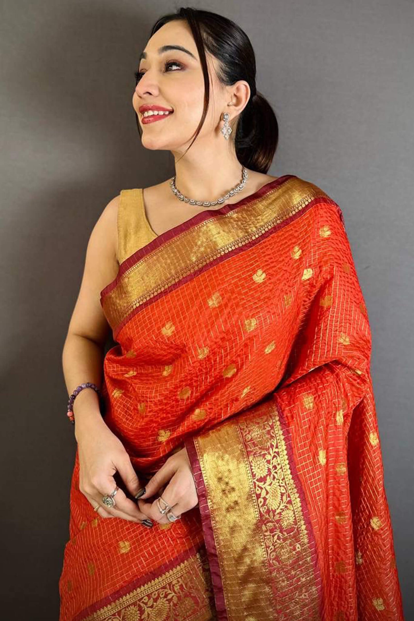 Nebula Dark Orange Banarasi Tissue Silk Saree With Splendorous Blouse Piece