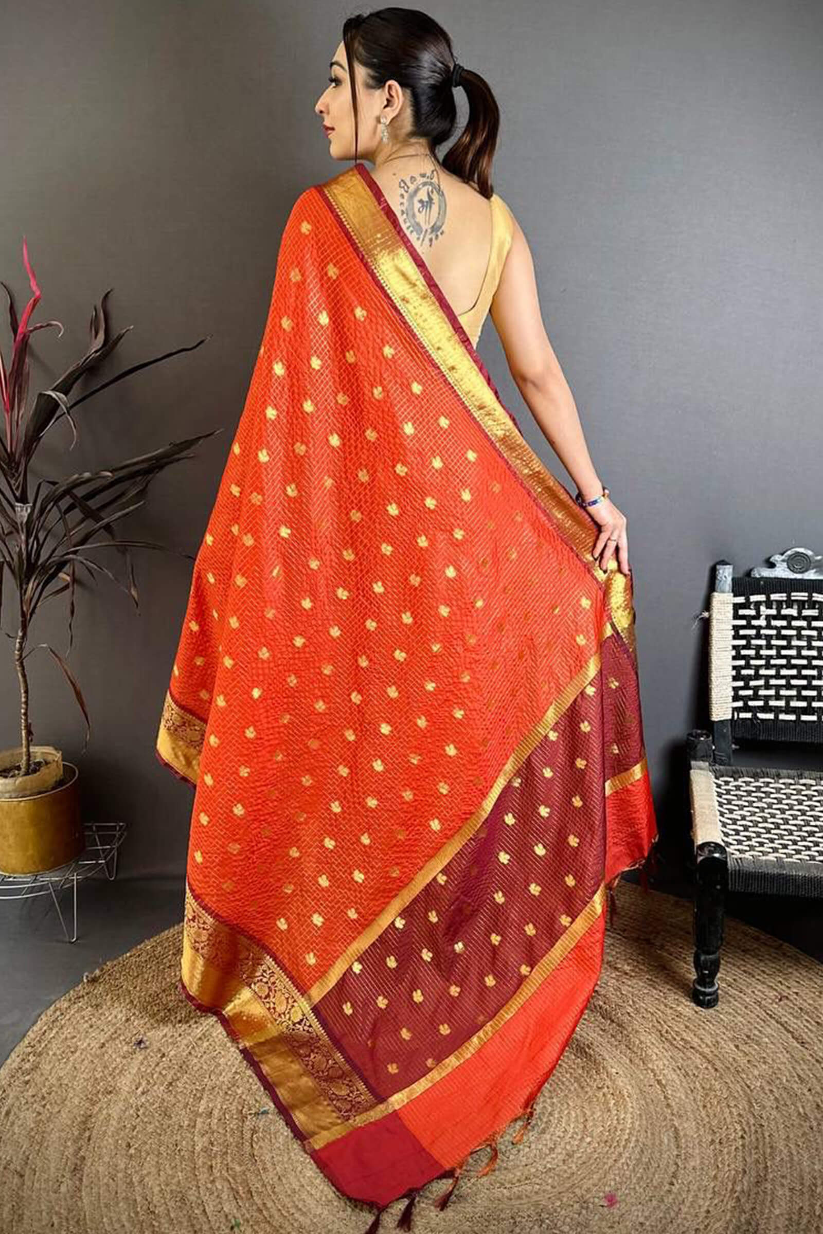 Nebula Dark Orange Banarasi Tissue Silk Saree With Splendorous Blouse Piece