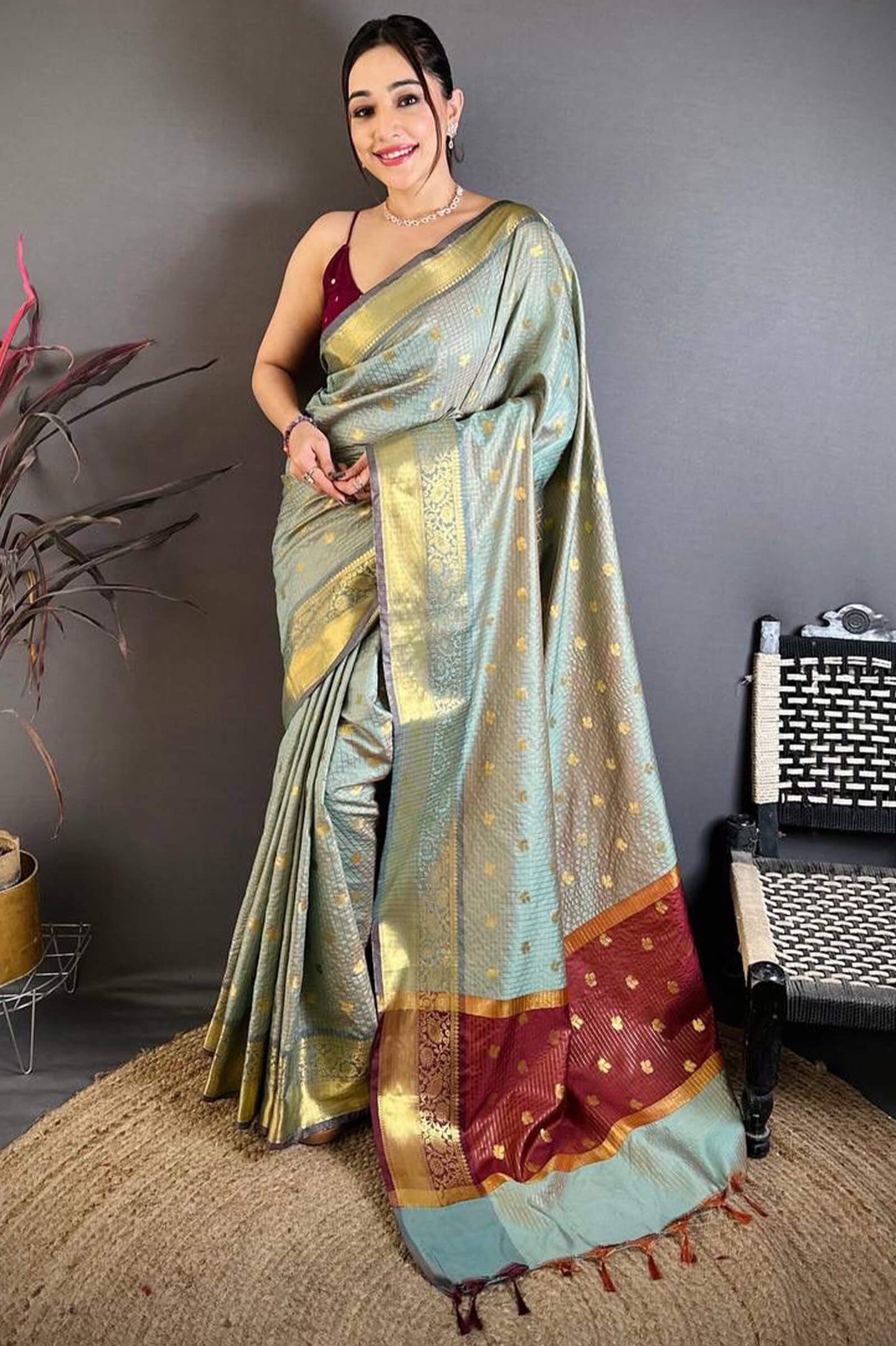 Glorious Grey Banarasi Tissue Silk Saree With Classy Blouse Piece