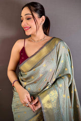 Glorious Grey Banarasi Tissue Silk Saree With Classy Blouse Piece