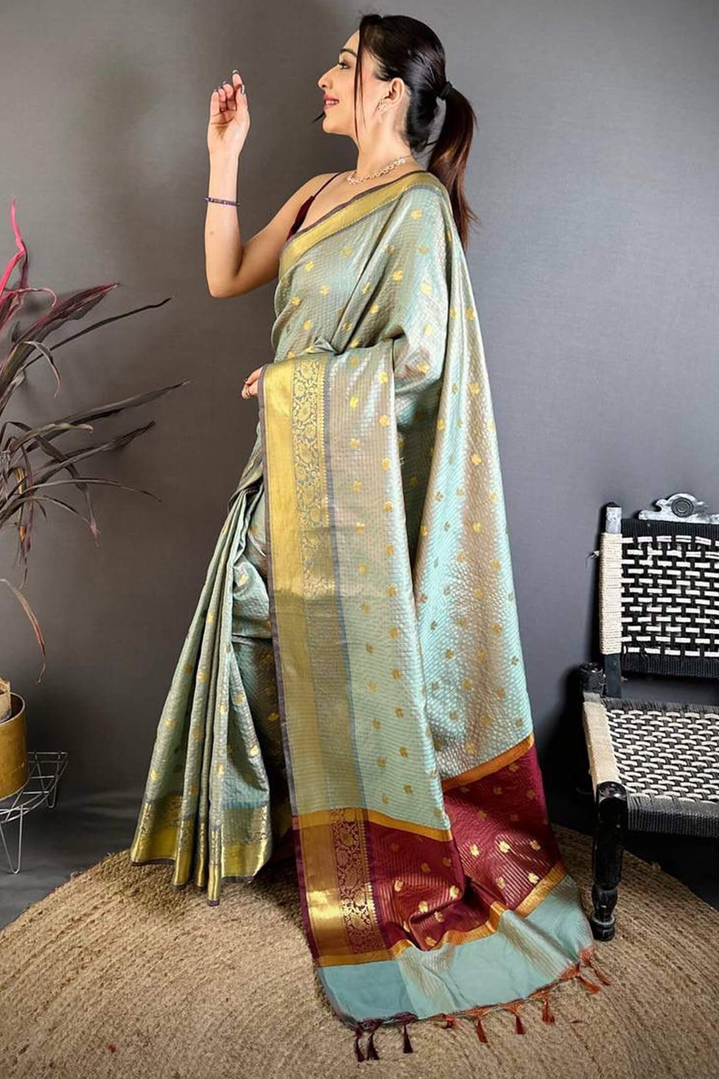 Glorious Grey Banarasi Tissue Silk Saree With Classy Blouse Piece