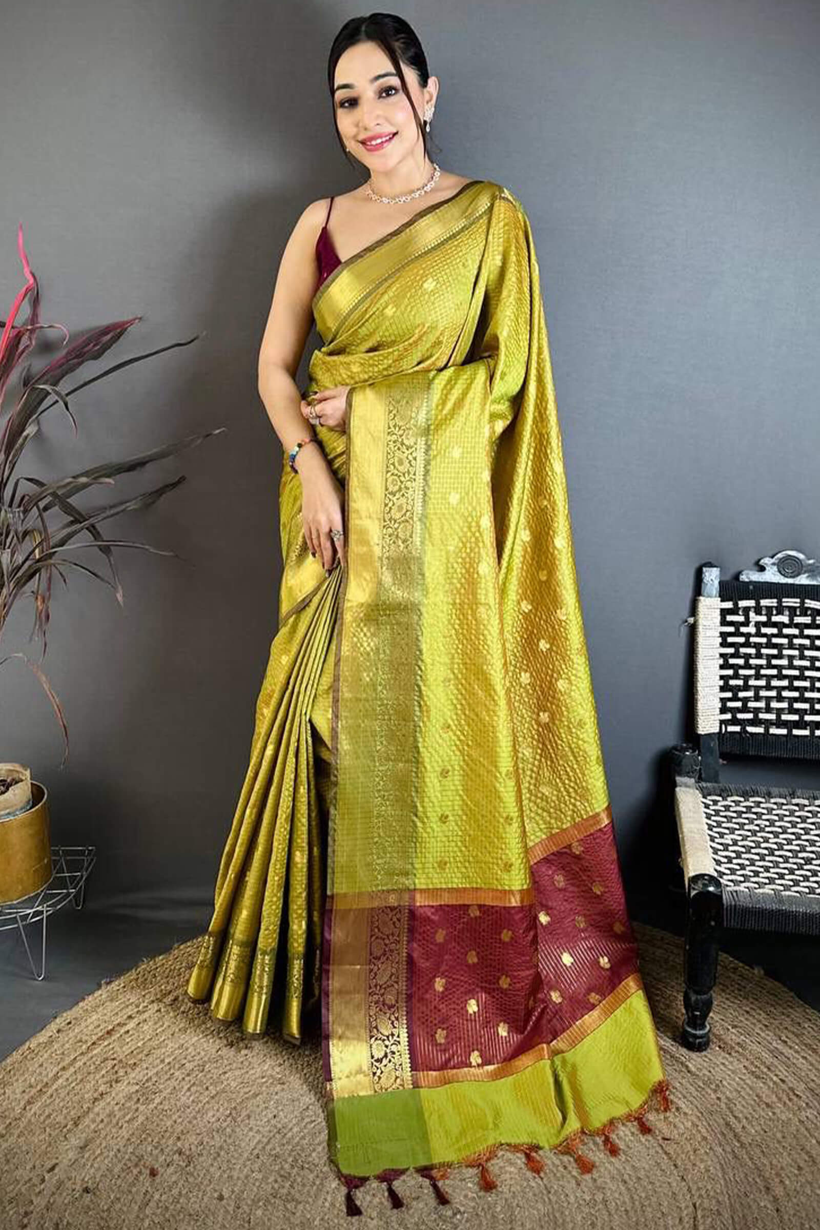 Wonderful Mehndi Banarasi Tissue Silk Saree With Radiant Blouse Piece