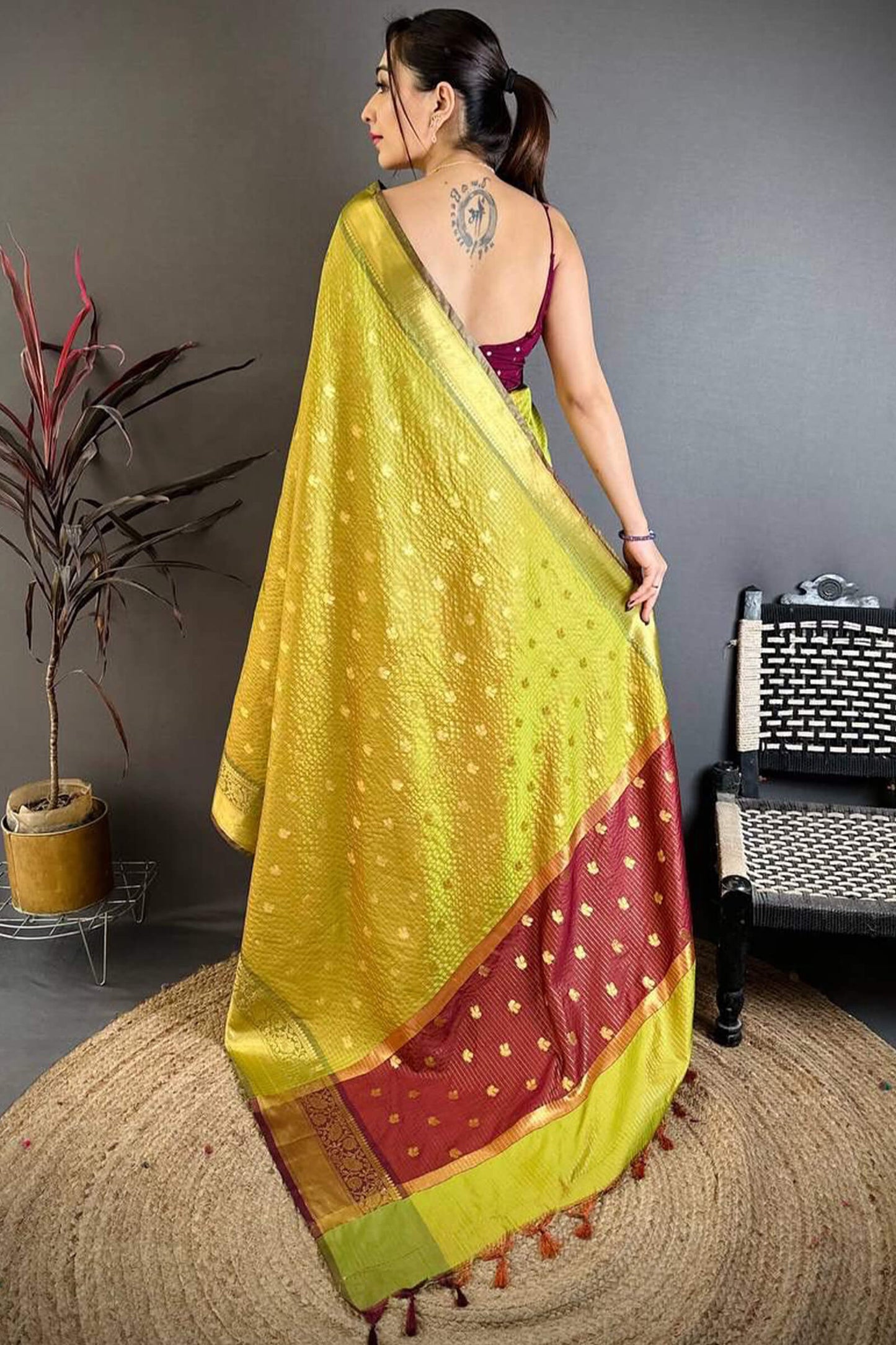 Wonderful Mehndi Banarasi Tissue Silk Saree With Radiant Blouse Piece