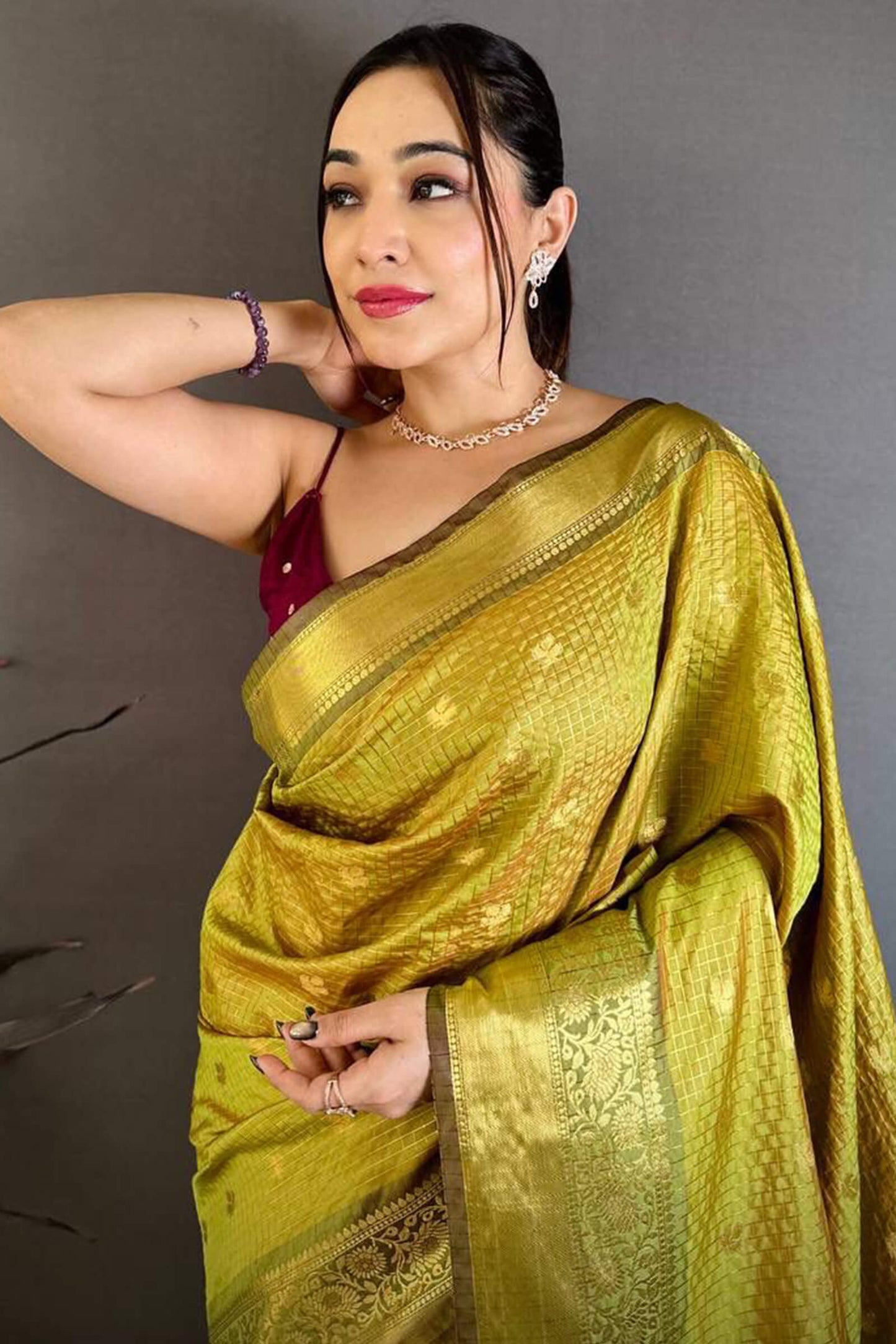Wonderful Mehndi Banarasi Tissue Silk Saree With Radiant Blouse Piece