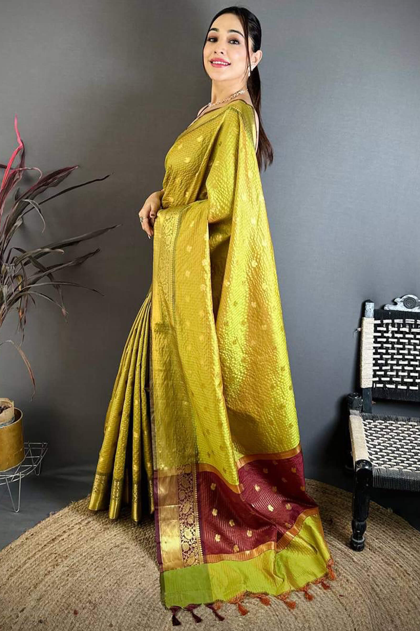 Wonderful Mehndi Banarasi Tissue Silk Saree With Radiant Blouse Piece