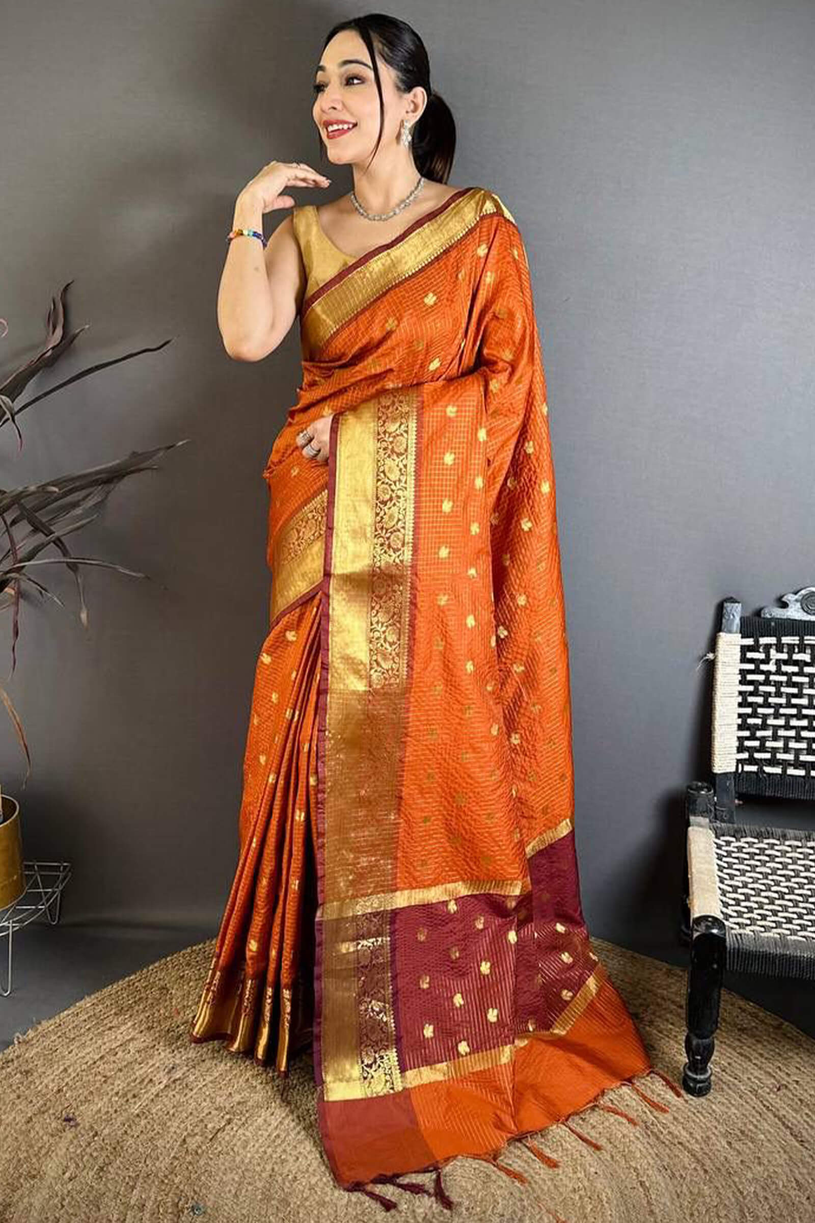Exceptional Orange Banarasi Tissue Silk Saree With Jazzy Blouse Piece