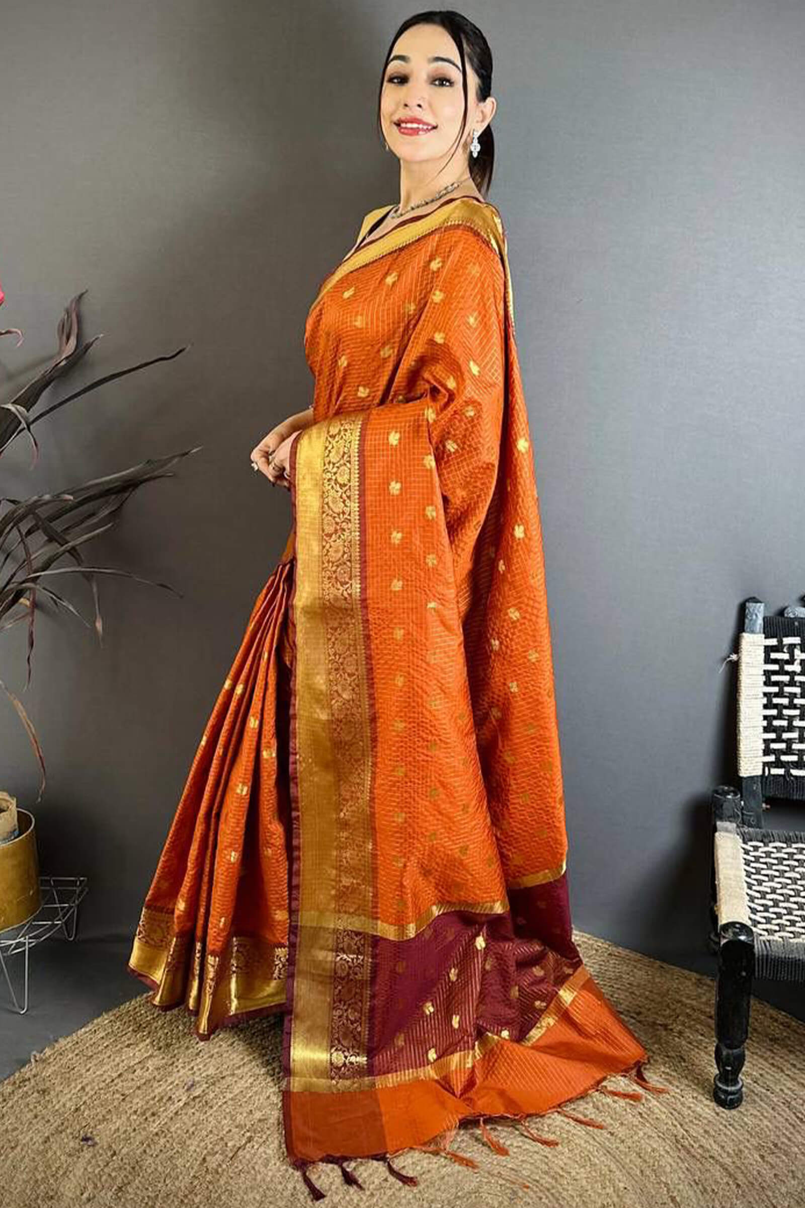 Exceptional Orange Banarasi Tissue Silk Saree With Jazzy Blouse Piece