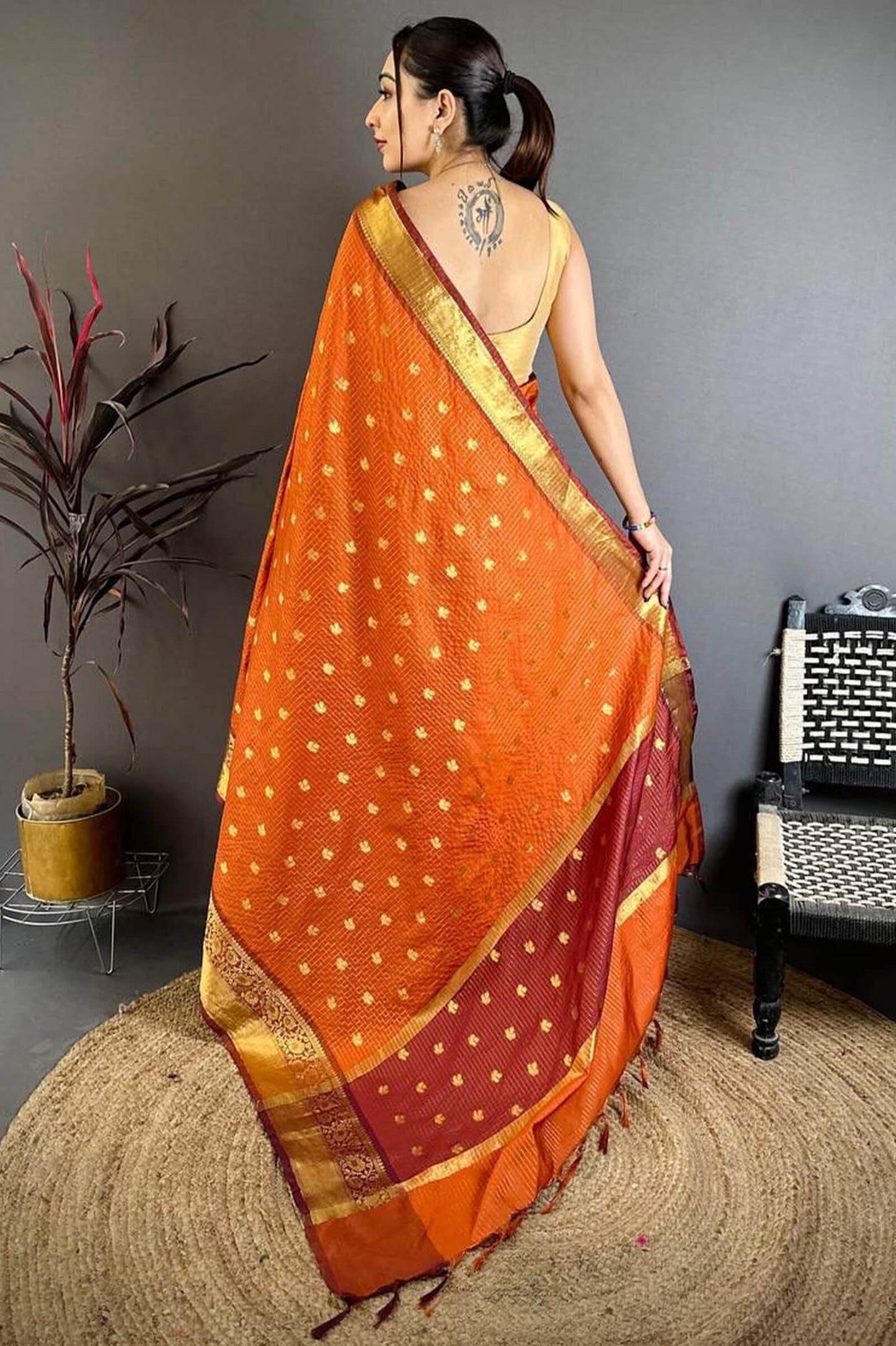 Exceptional Orange Banarasi Tissue Silk Saree With Jazzy Blouse Piece
