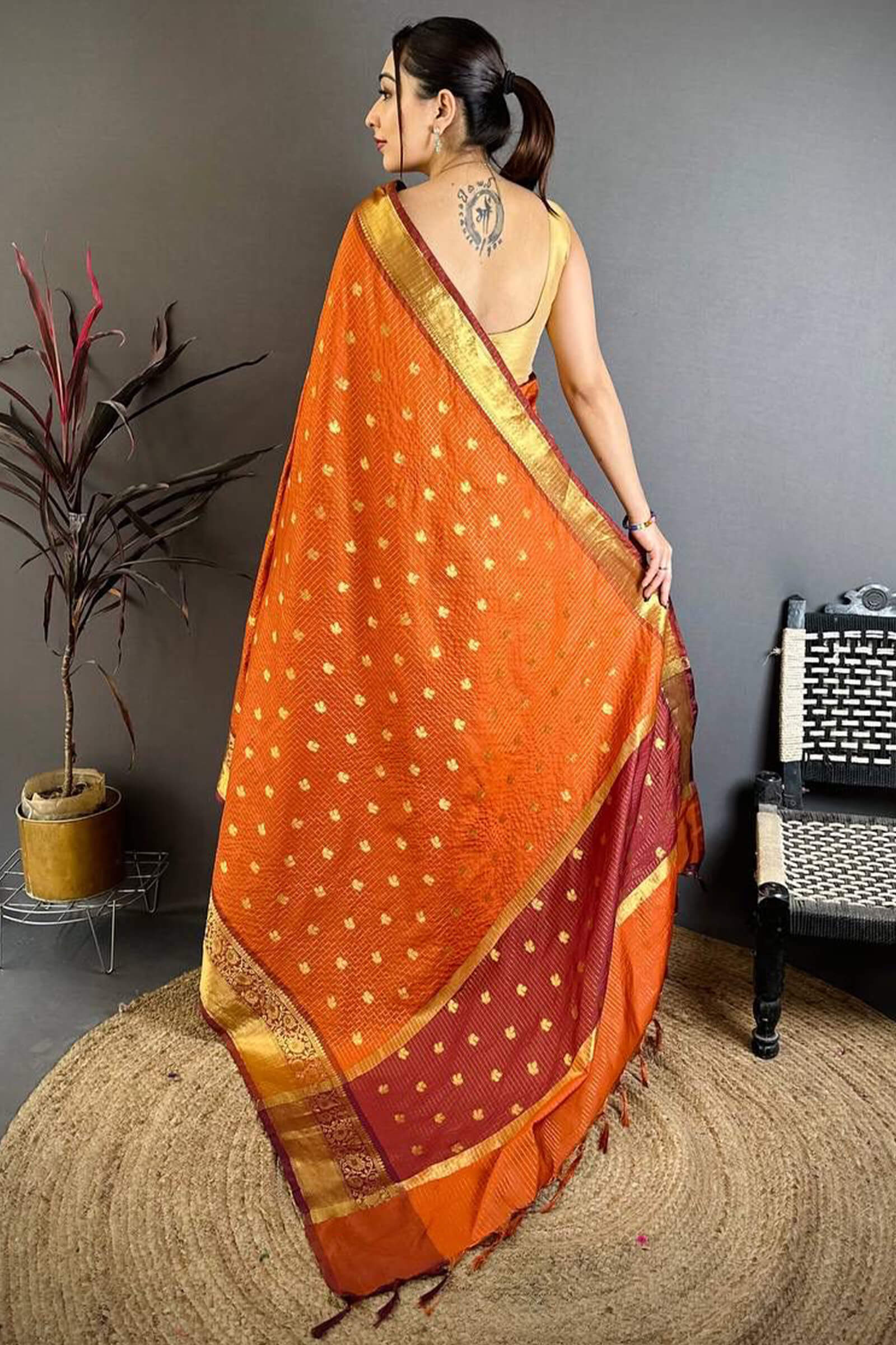 Exceptional Orange Banarasi Tissue Silk Saree With Jazzy Blouse Piece