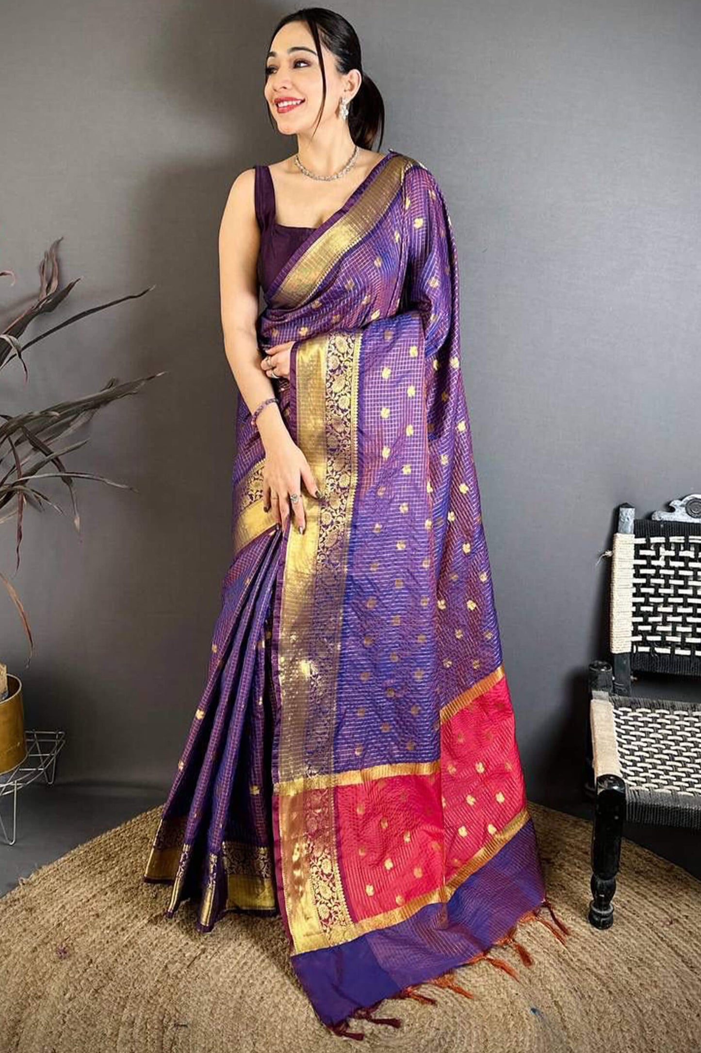 Divine Purple Banarasi Tissue Silk Saree With Innovative Blouse Piece