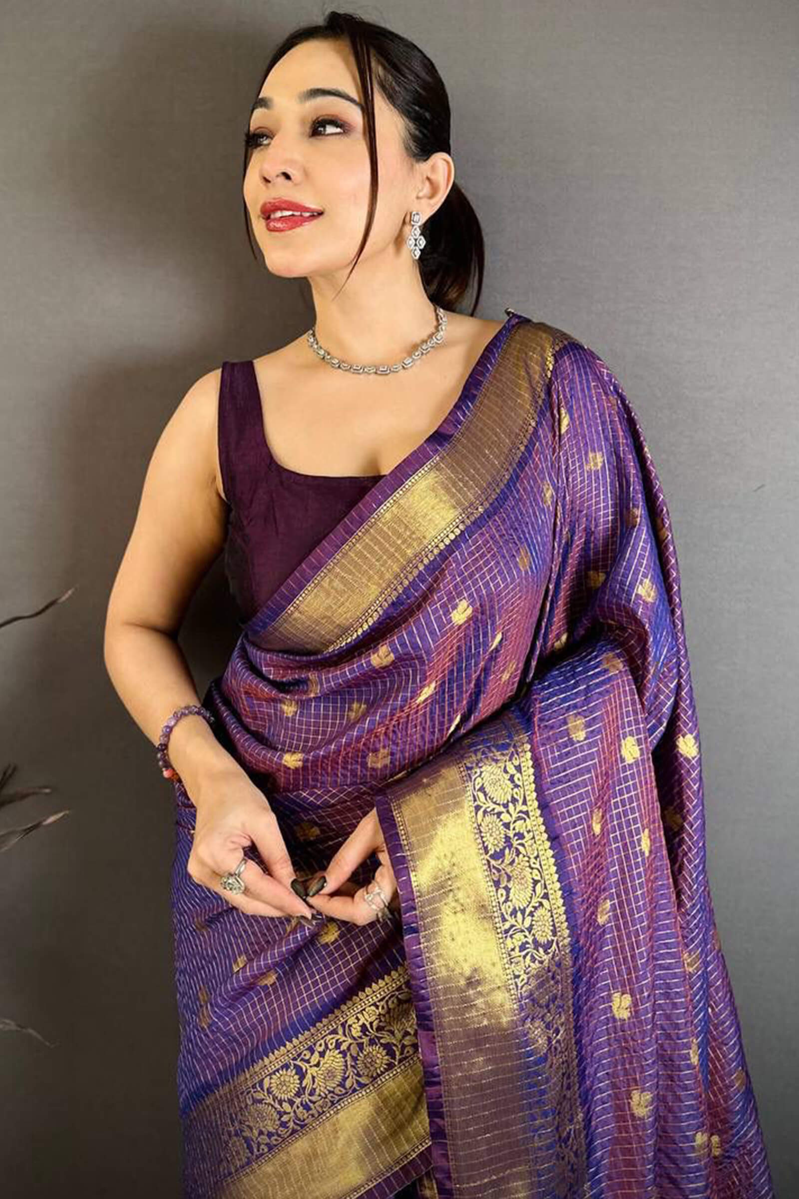 Divine Purple Banarasi Tissue Silk Saree With Innovative Blouse Piece