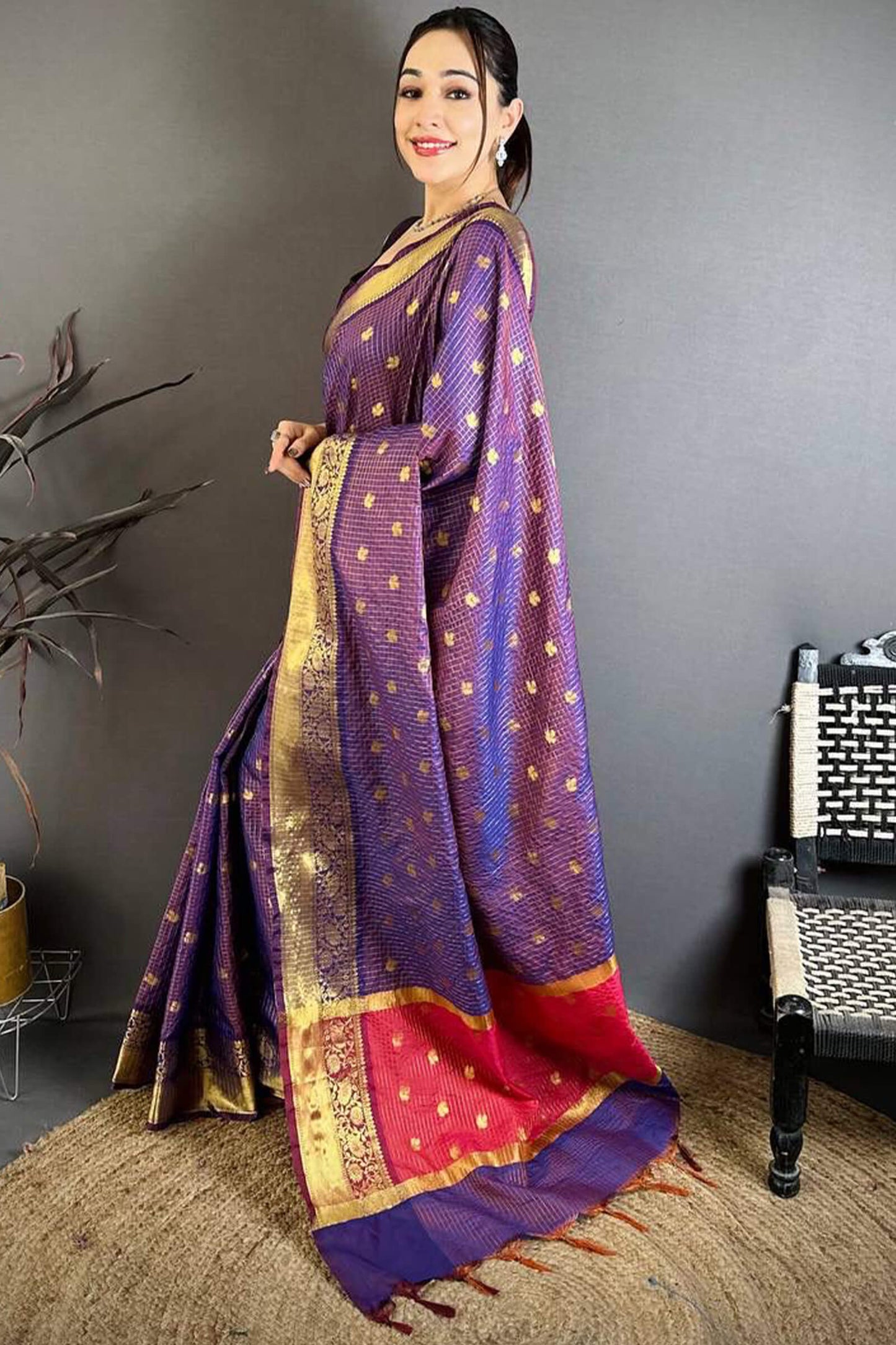 Divine Purple Banarasi Tissue Silk Saree With Innovative Blouse Piece