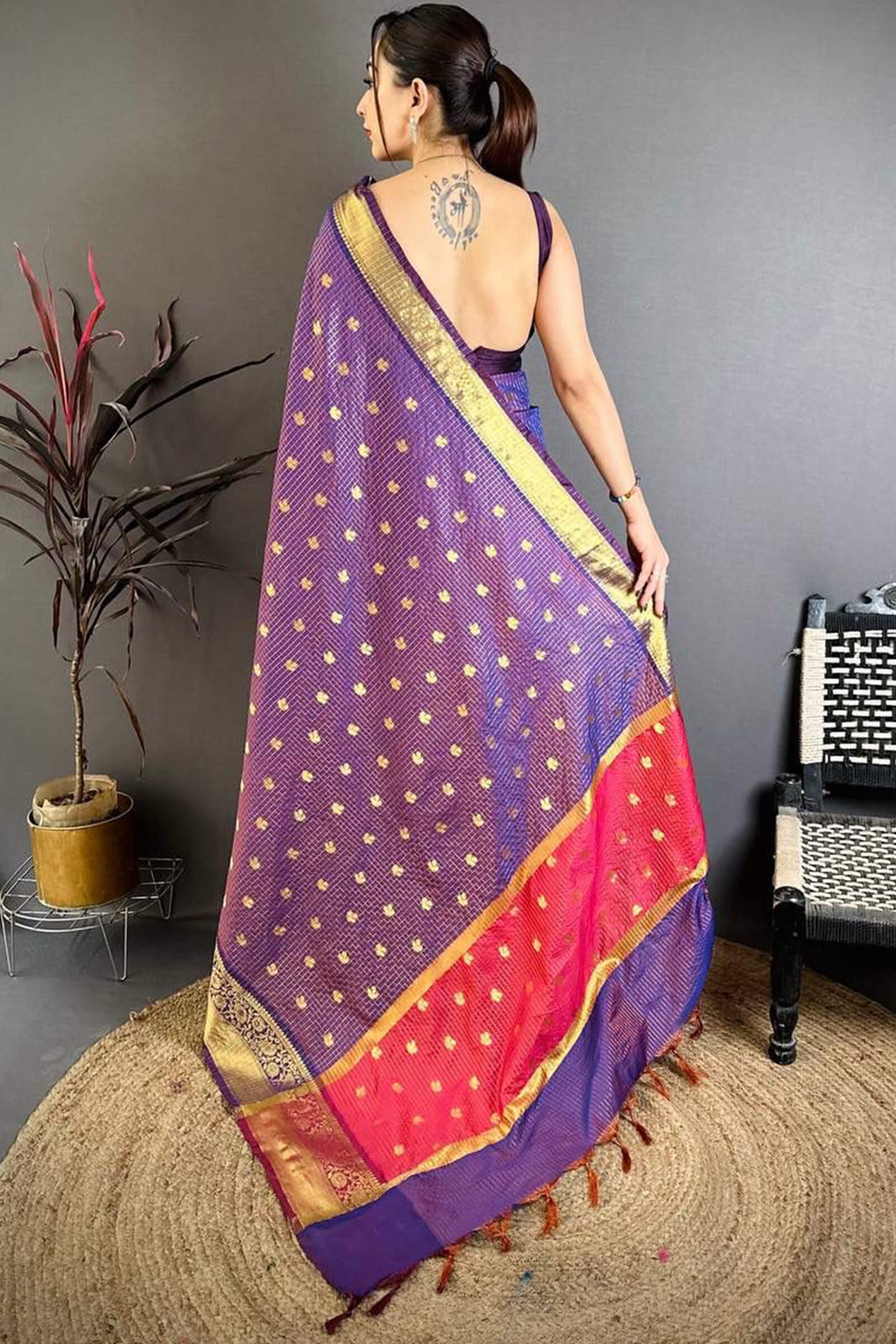 Divine Purple Banarasi Tissue Silk Saree With Innovative Blouse Piece
