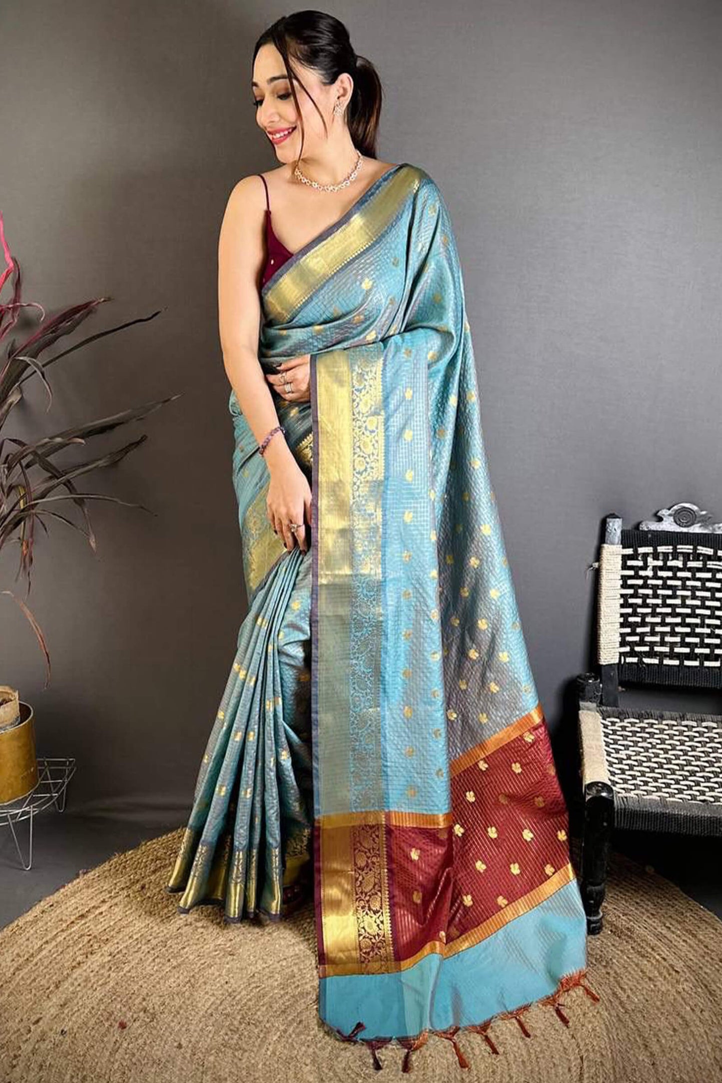 Ineffable Sky Banarasi Tissue Silk Saree With Tremendous Blouse Piece