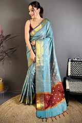 Ineffable Sky Banarasi Tissue Silk Saree With Tremendous Blouse Piece