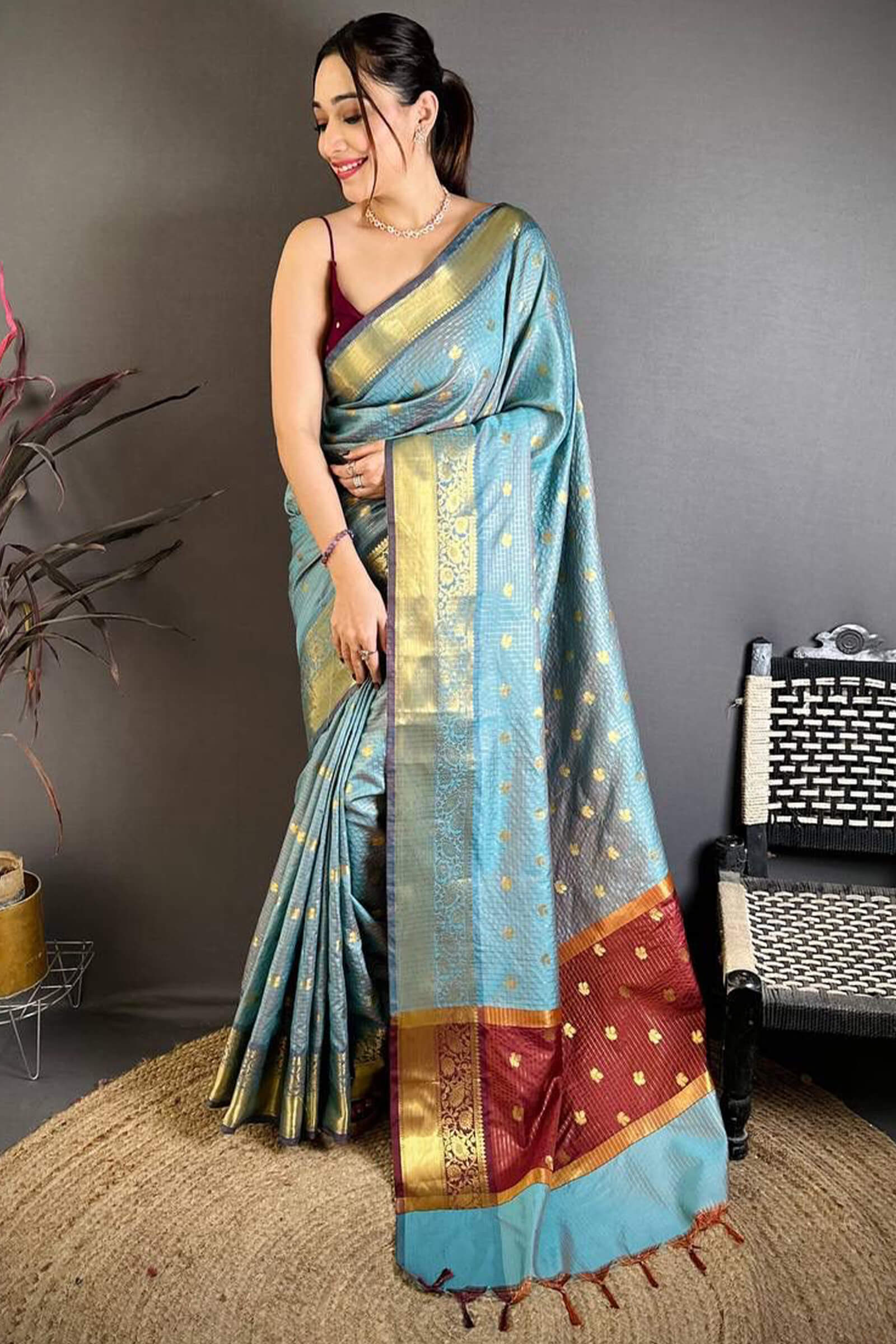 Ineffable Sky Banarasi Tissue Silk Saree With Tremendous Blouse Piece