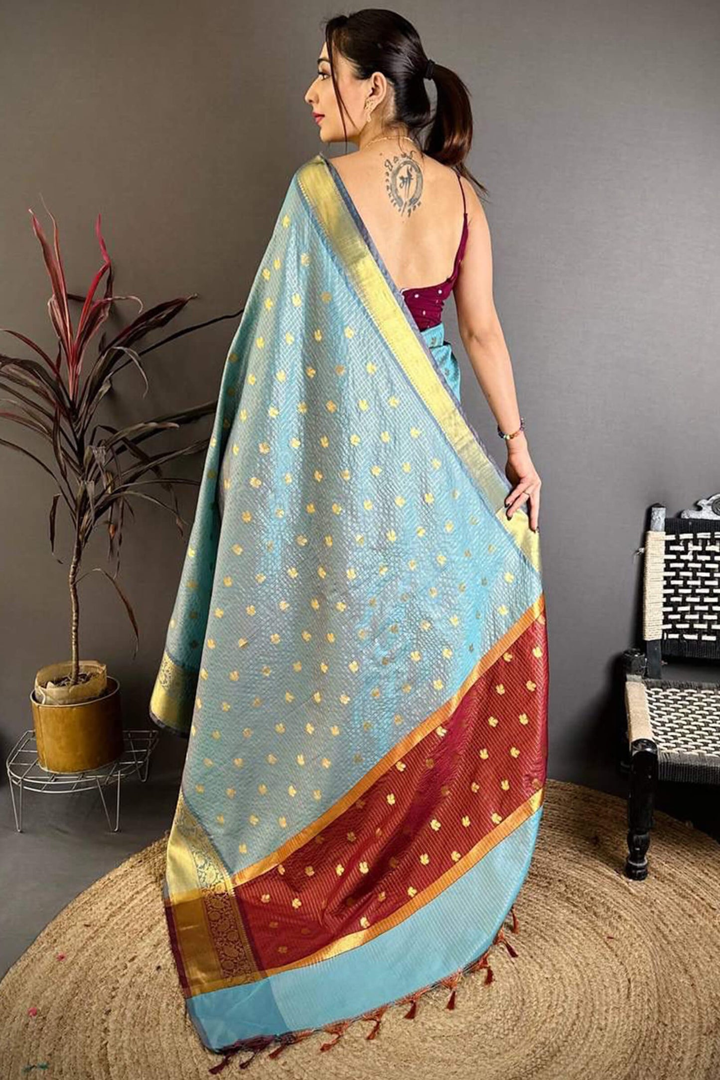 Ineffable Sky Banarasi Tissue Silk Saree With Tremendous Blouse Piece