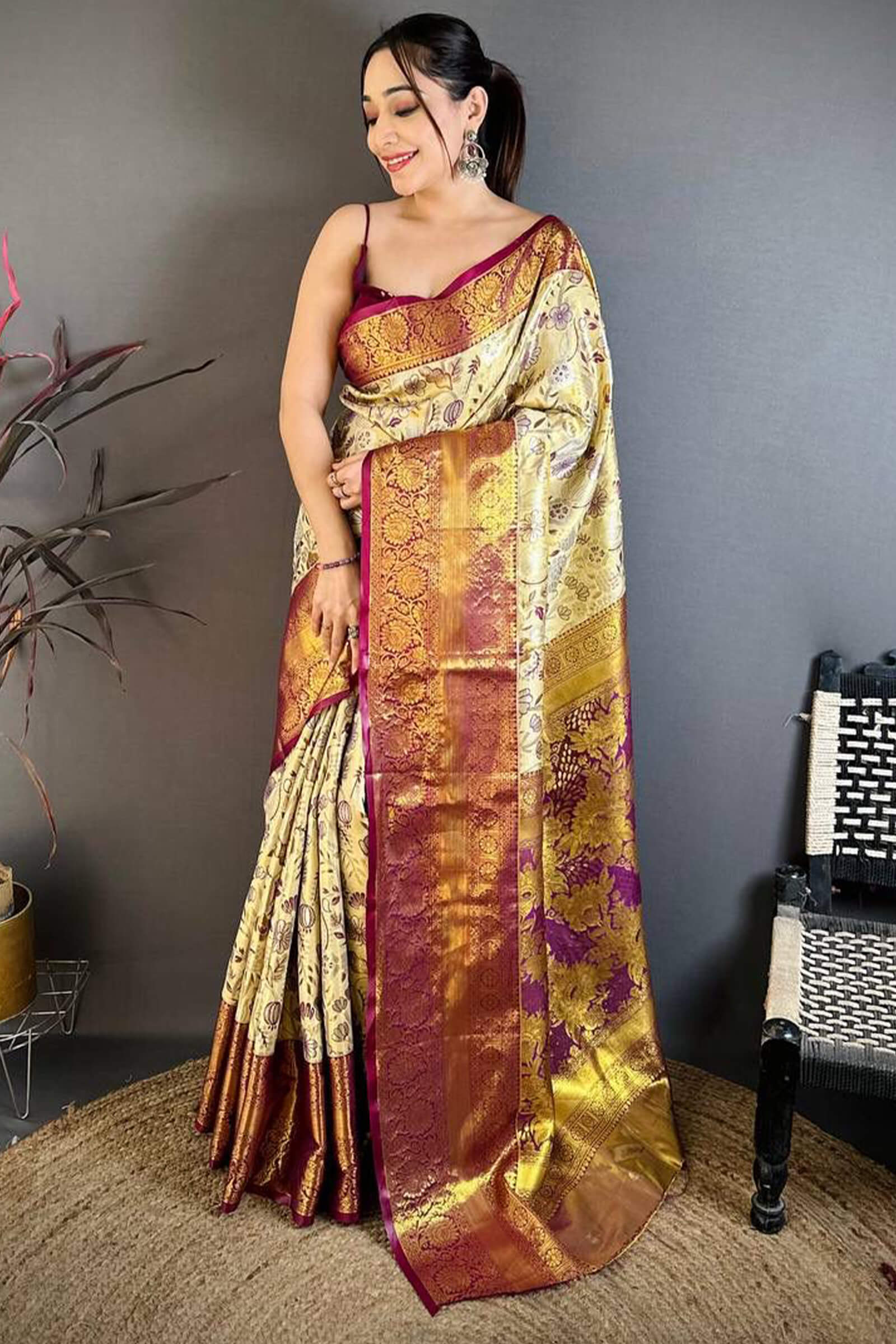 Dulcet Beige Kanjivaram Silk Saree With Gorgeous Blouse Piece