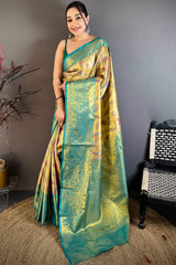 Gossamer Golden Kanjivaram Silk Saree With Lustrous Blouse Piece